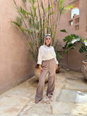 Beige linen wide leg pants